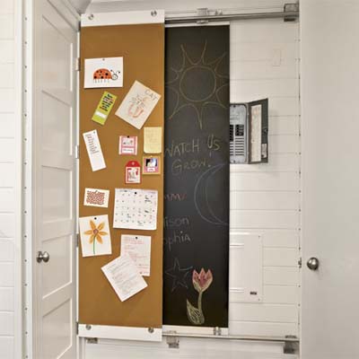 sliding display panels to disguise utility panels while leaving them accessible