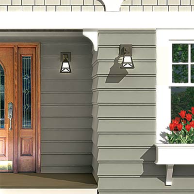 a Photoshop rendering of a cottage redesign focusing on the exterior lighting