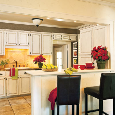 open kitchen with snack counter in craftsman style cottage