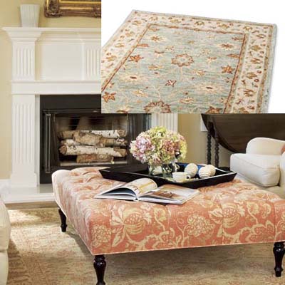 pastel patterned rug in colonial living room