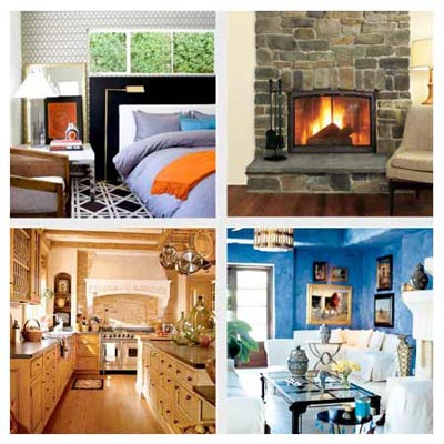 clockwise from top left: a Hollywood Hills bedroom, a ski lodge family room, a Marrakesh dining room, a Tuscan kitchen