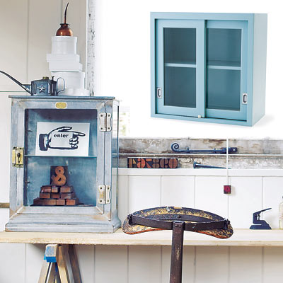 rustic workspace with steel cabinet