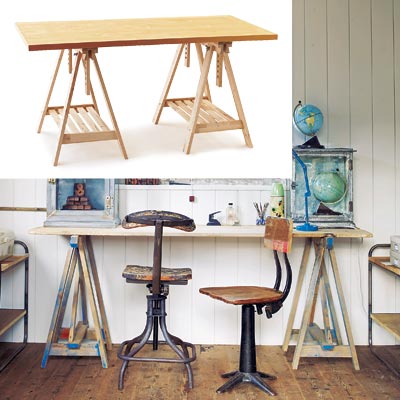 rustic workspace with sawhorse table