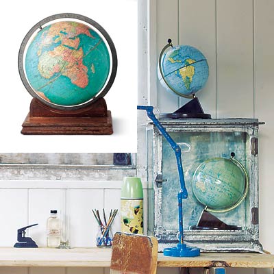 rustic workspace with desk globe