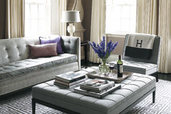 neutral living room with gray tones and purple accents