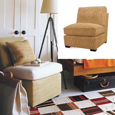 cabin style bedroom with raffia chair