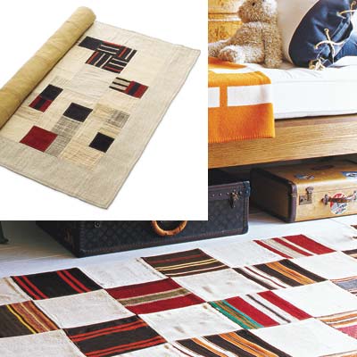 cabin style bedroom with flat weave multi colored rug