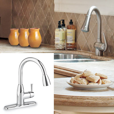 kitchen with taupe tile backsplash and chrome faucet