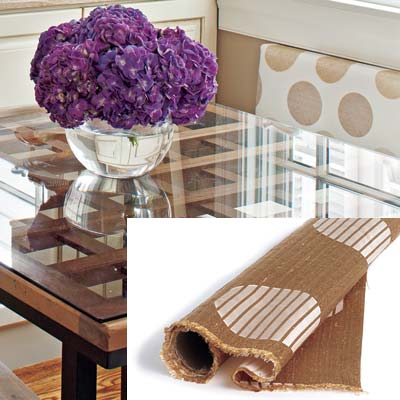 kitchen with taupe tile backsplash and fabric bench seating