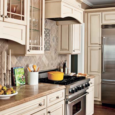 taupe kitchen with yellow accents