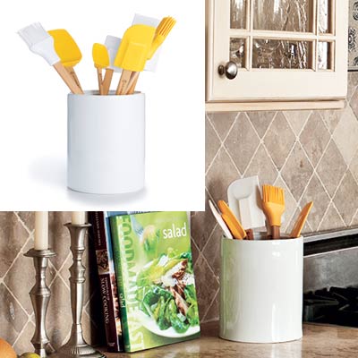 taupe kitchen with yellow cooking tools