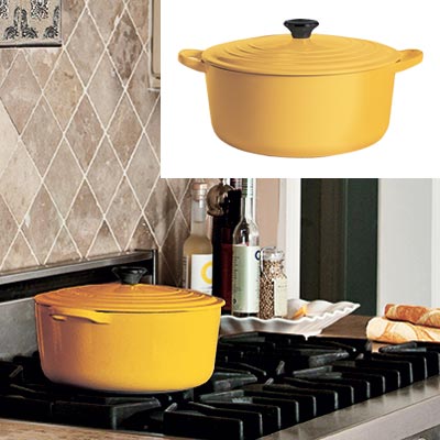 taupe kitchen with yellow french oven
