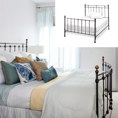 light airy bedroom with black iron bed frame
