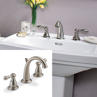 sage and lavender bathroom with arc faucet