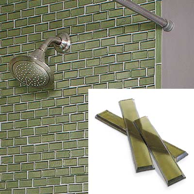 sage and lavender bathroom with green tub tile