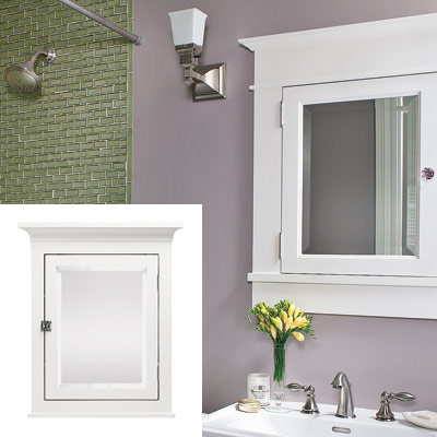 sage and lavender bathroom with mirrored medicine cabinet