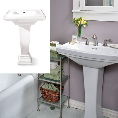 sage and lavender bathroom with pedestal sink