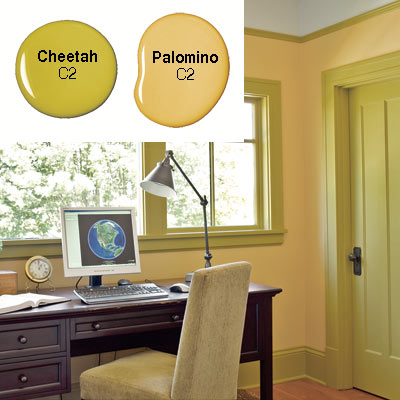 home office with orange gold painted walls