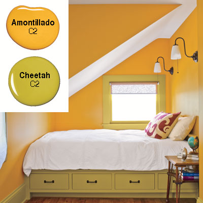 guest bedroom with saffron yellow orange walls and built in bed
