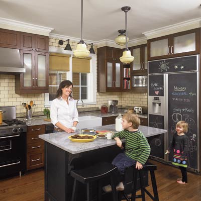 period style kitchen with island and chalkboard refrigerator panels