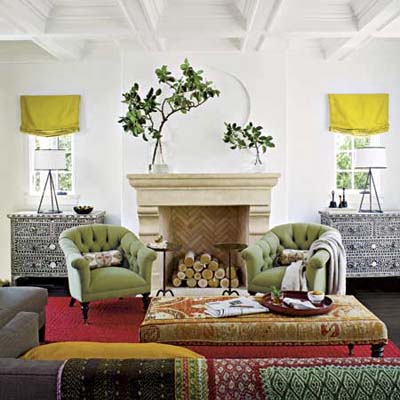 living room decorated in bright colors and a mix of design from many different cultures