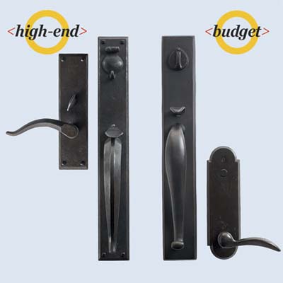 one high end and one budget thumb-latch handle-set shown in comparison