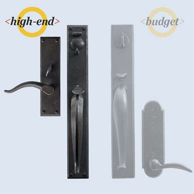 a high end thumb-latch handle-set featured in comparison to a budget set