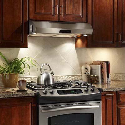 stainless steel range hood above stove