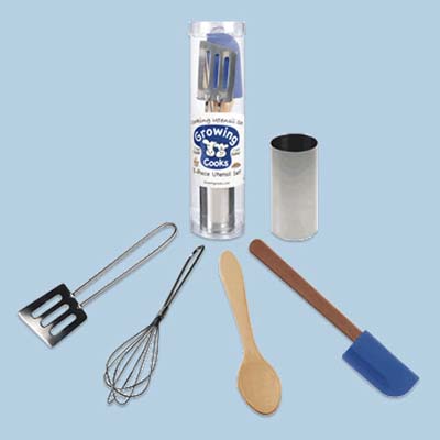 kid's utensil set with wooden spoon, spatula, whisk and rubber spatula
