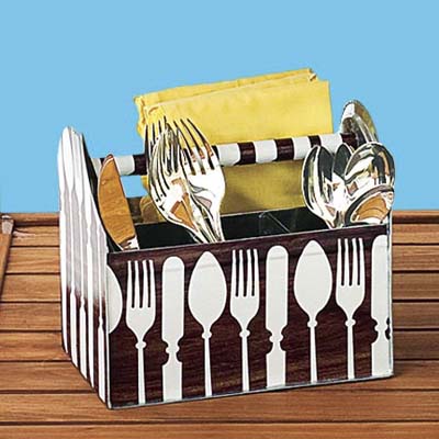 tool box style silverware holder with forks and knives