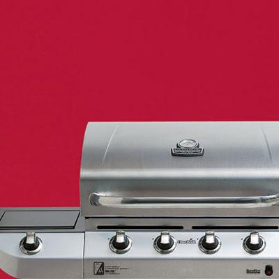 the Char-Broil Commercial Series four-burner propane grill close up on the controls