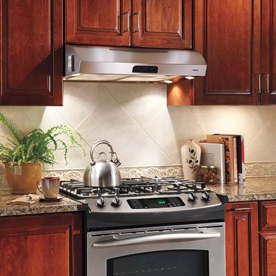 broan's evolution stainless steel range hood with halogen lights