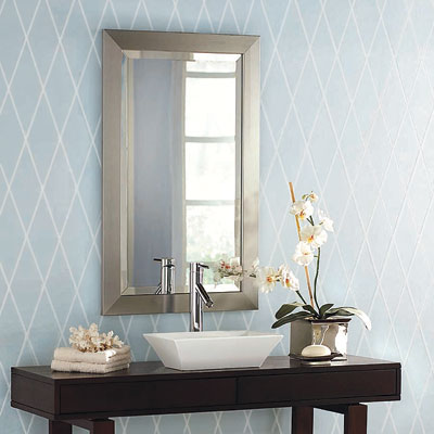 bathroom with pale blue and silver wallpaper