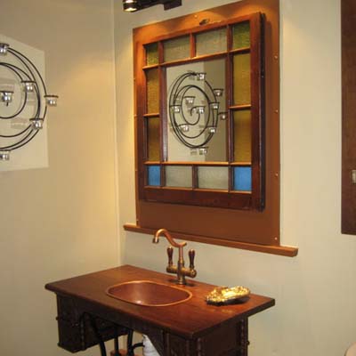wooden bathroom vanity with mirror