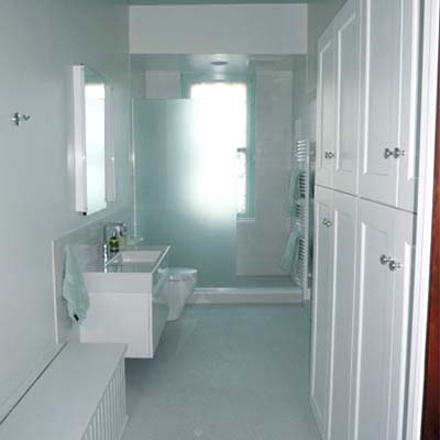 cool blue bathroom with closet storage