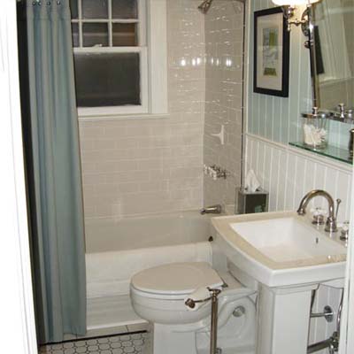 updated bathroom with blue accents