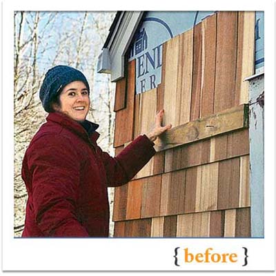 homeowner hanging shingles on an exterior wall of the 2010 reader remodel winner house
