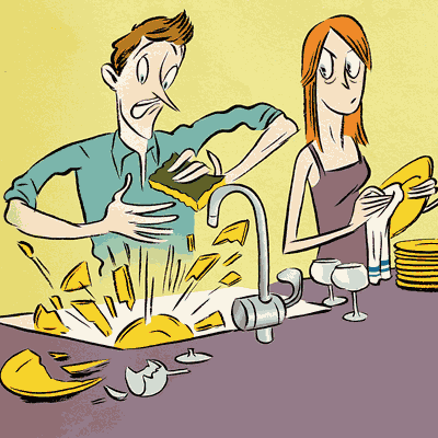 illustration of a couple doing dishes and a man breaking plates and glasses while the woman glares