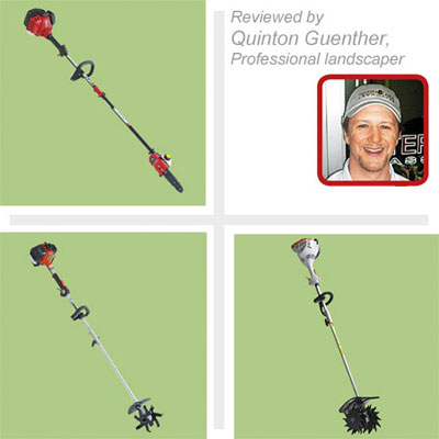 composite of three multihead trimmers with a photo of the professional landscaper who tested them