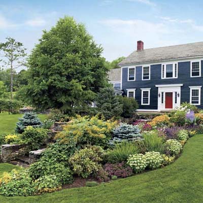 diversity of plants and flowers planted in a dramatic entry garden