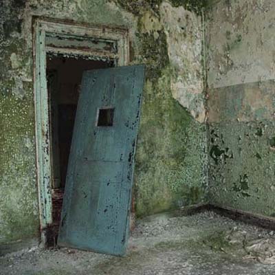 peeling paint in ruined asylum hallway
