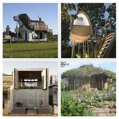 beagle-shaped house, house on stilts, garden roof house and perforated house with foldout top window