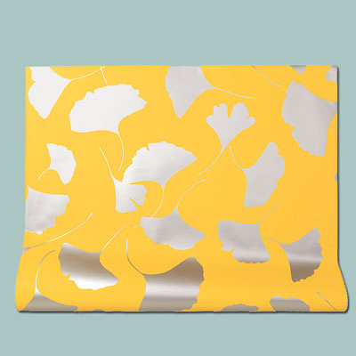 yellow Leone metallic ink wallpaper with gingko leaf pattern