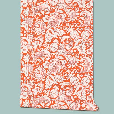red and white Bali floral patterned wallpaper
