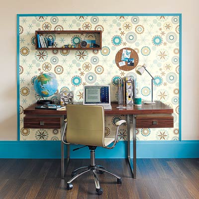 Lacework in Ocean nonwoven wallpaper surrounds a desk