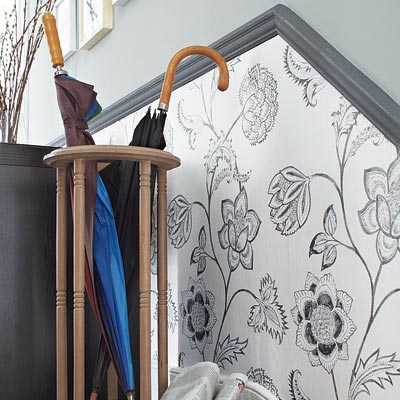 Peony in Black and White wallpapered wainscot on a stairway