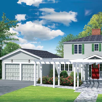 photo illustration showing remodeled house and garage with gabled roof and pergola