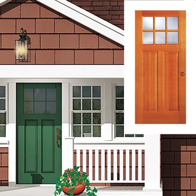 cottage with wood entry door
