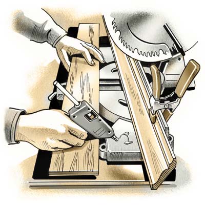illustration of hands cutting crown molding with miter saw
