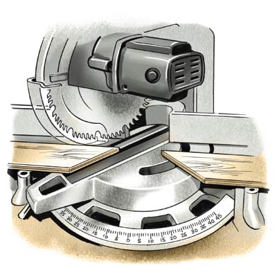 illustration of hands cutting crown molding with miter saw